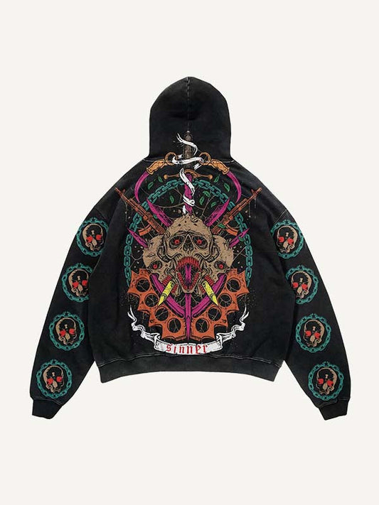 Skull Sword  Print Slant Pockets Hoodie