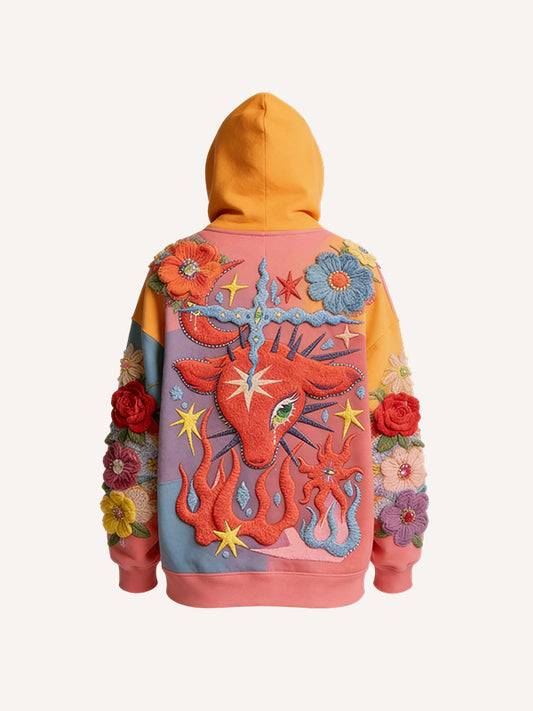 Gradient Hooded 3D Death-Blooming Print Sweatshirt