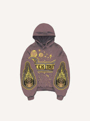 Astronaut Planet Rocket Ufo Faux Decal Print Slant Pockets Hoodie