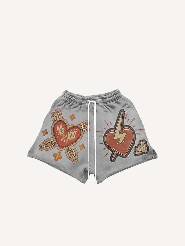 Heart Graphic Letter Faux Decal Print Drawstring Waist Shorts