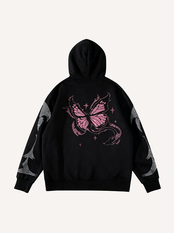 Rhinestone Butterfly Print Y2K Hoodie