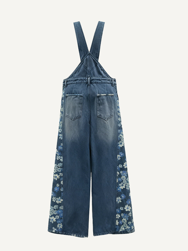 Printed Washed Pastoral Style Womens Casual Overalls