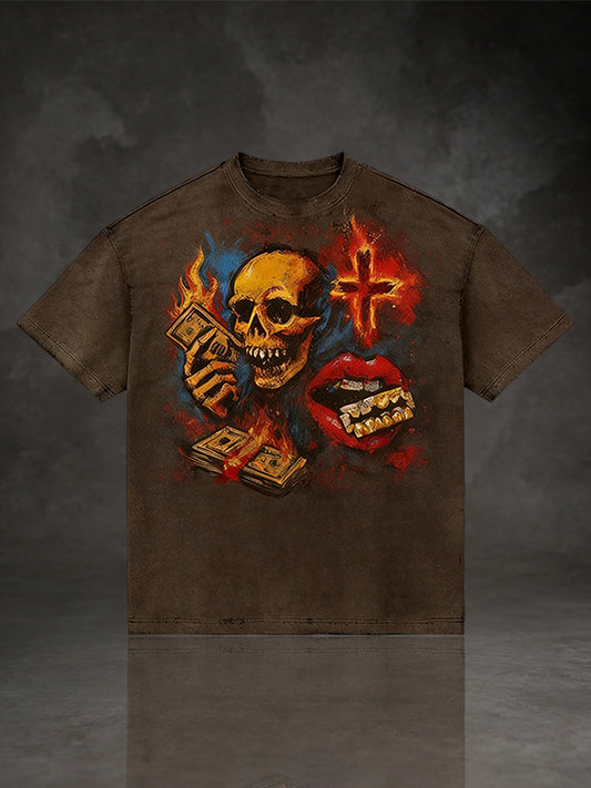 Gothic Skull & Red Lips Graphic Tee