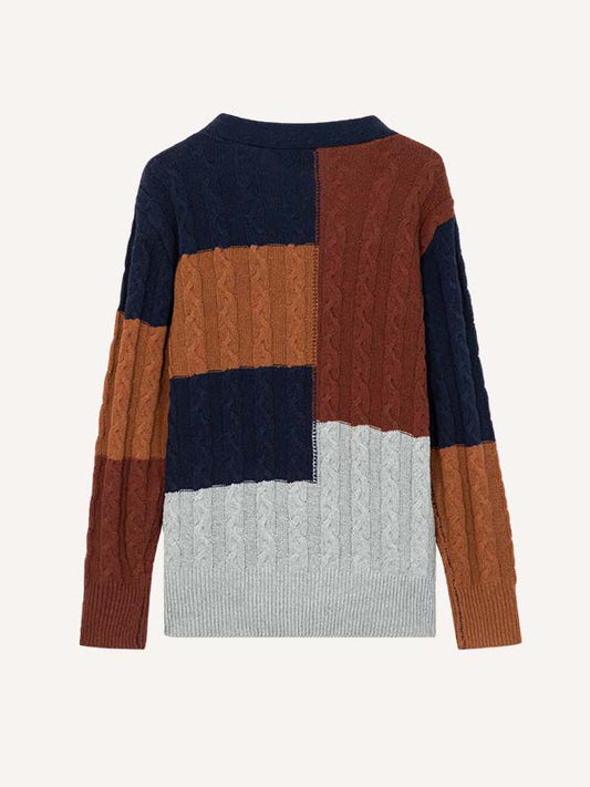 Thickened V-neck color-block knitted sweater