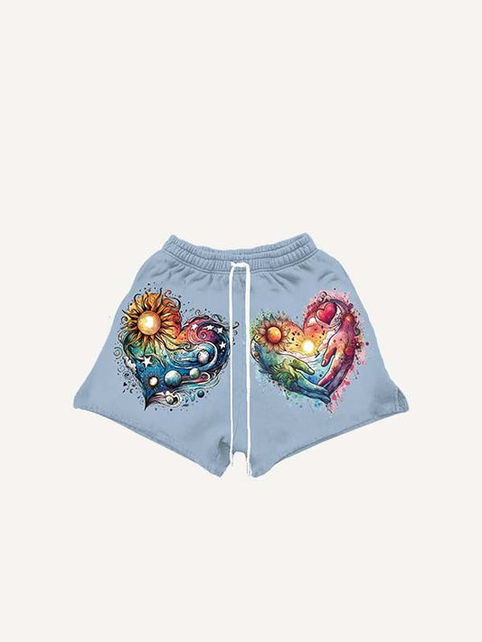 Heart&Sun&Graphic Print Drawstring Waist Shorts