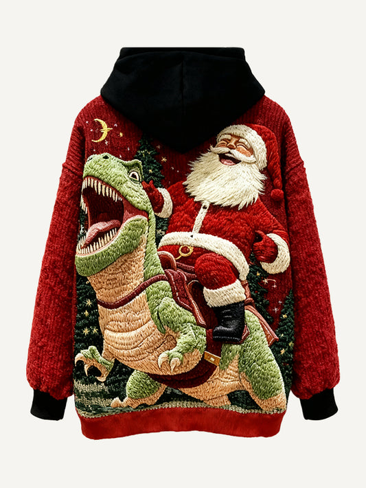 Santa Claus might be riding a dinosaur-print sweatshirt