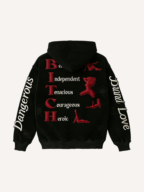 Do not touch the dangerous woman is red lips - Corduroy print hooded sweatshirt