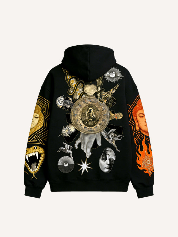 Hoodie with a design featuring faith in the Holy Light and ancient symbols