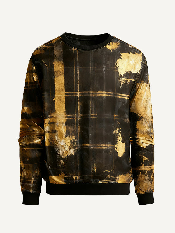 Stylish plaid crew neck sweatshirt with dazzling gold splatter pattern