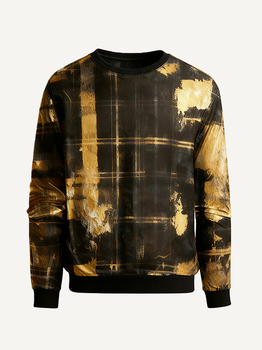 Stylish plaid crew neck sweatshirt with dazzling gold splatter pattern