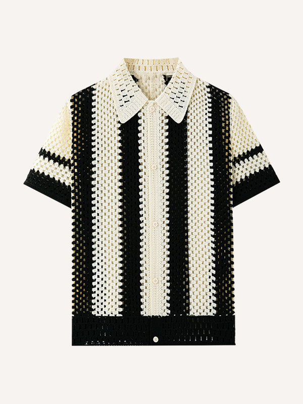 Black & White Solid Color Knitted Lapel Casual Shirt for Summer, Real Shot