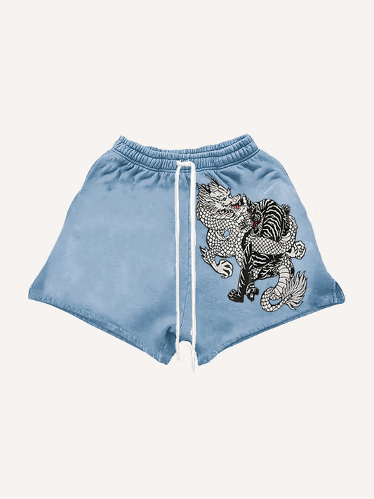 Embroidered white dragon ethnic style shorts