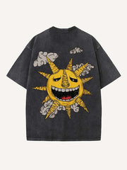 Distressed Washed Evil Moon&Sun&Star&Cloud Print Round Neck T-shirt