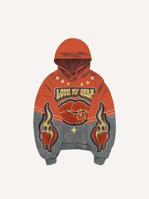 Colorblock Lips Fire Heart Letter Faux Decal Print Slant Pockets Hoodie