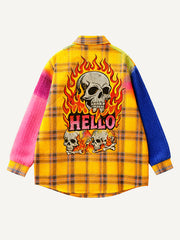 Gradient checkered double-sleeved red and blue matching hellfire skull shirt