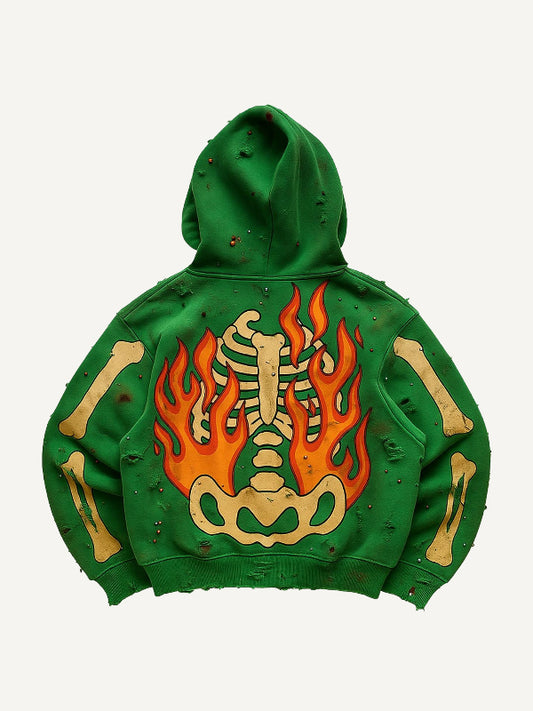 Ripped Distressed Flame Skull Hoodie
