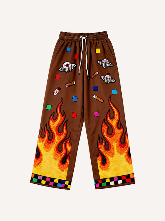 Passionate Classic Skull Print Maple Leaf Burning Y2K Trousers