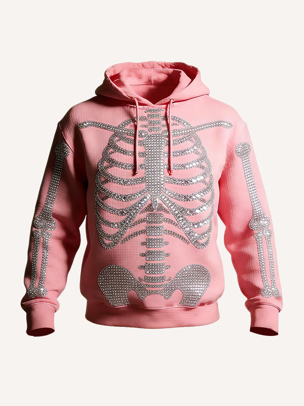 Rhinestone Skeleton Rib Cage Hoodie - Black Gothic Punk 3D Sparkly Graphic Pullover Sweatshirt