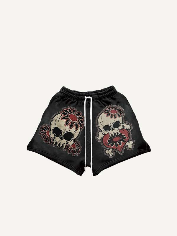 Skull Floral Heart Print Drawstring Waist Shorts