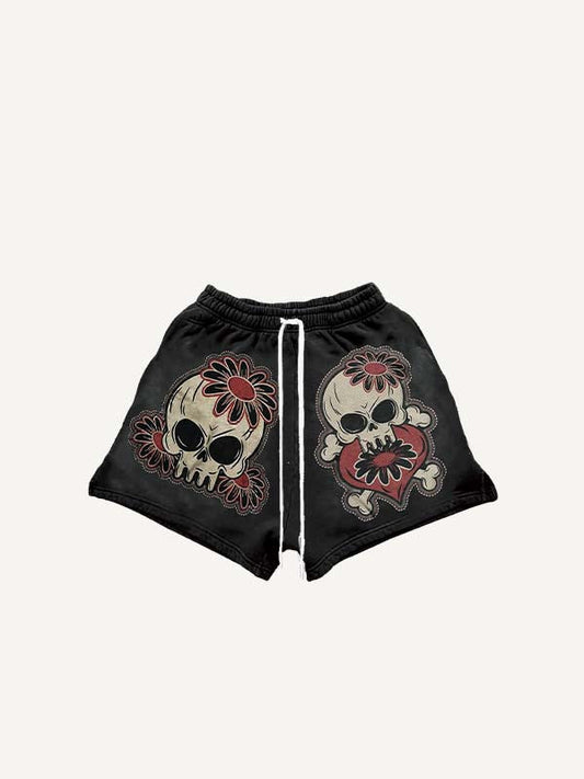Skull Floral Heart Print Drawstring Waist Shorts