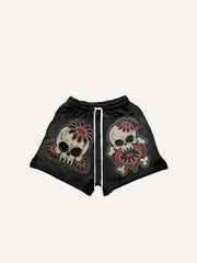 Skull Floral Heart Print Drawstring Waist Shorts