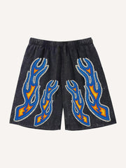 Washed flame rhinestone skull embellished shorts