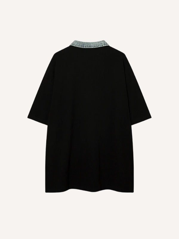 Letter Star Patches Denim Lapel Polo T-shirt