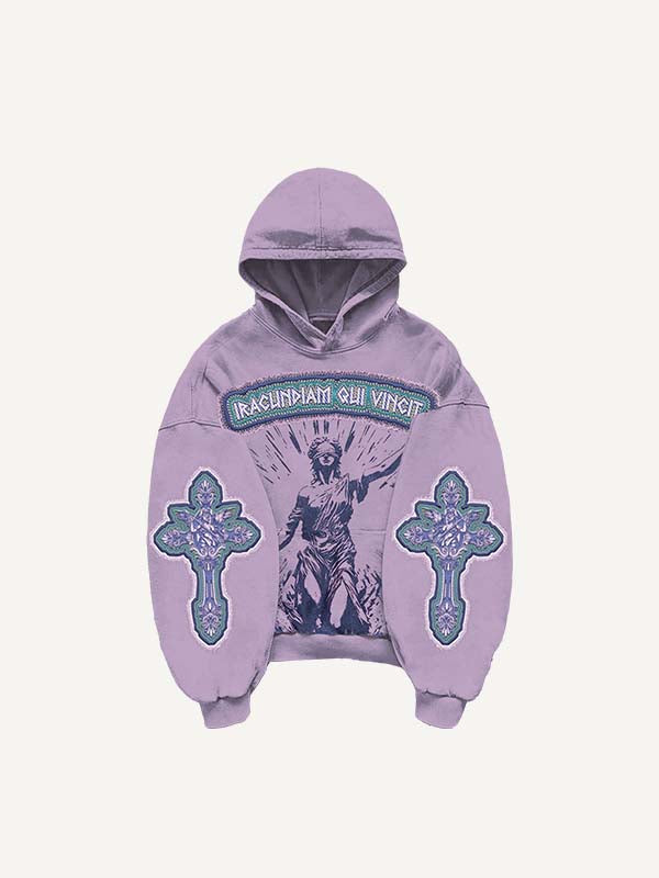 Figure Cross Letter Faux Decal Print Slant Pockets Hoodie