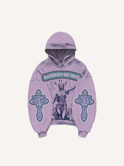 Figure Cross Letter Faux Decal Print Slant Pockets Hoodie
