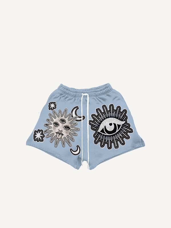Sun&Moon&Eye&Star Faux Decal Print Drawstring Waist Shorts