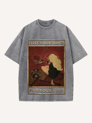 Distressed Washed Figure&Letter Print Round Neck T-shirt