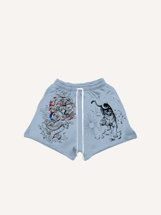 Tiger&Dragon&Phoenix&Sun&Moon Print Drawstring Waist Shorts