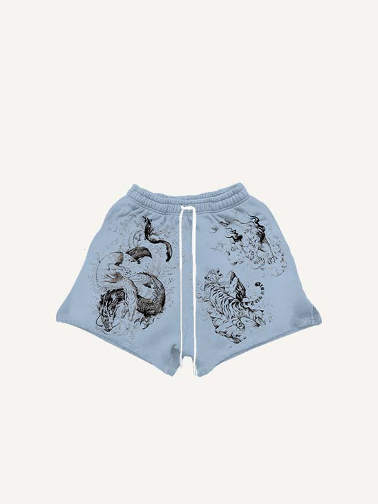 Tiger&Dragon&Animal Print Drawstring Waist Shorts