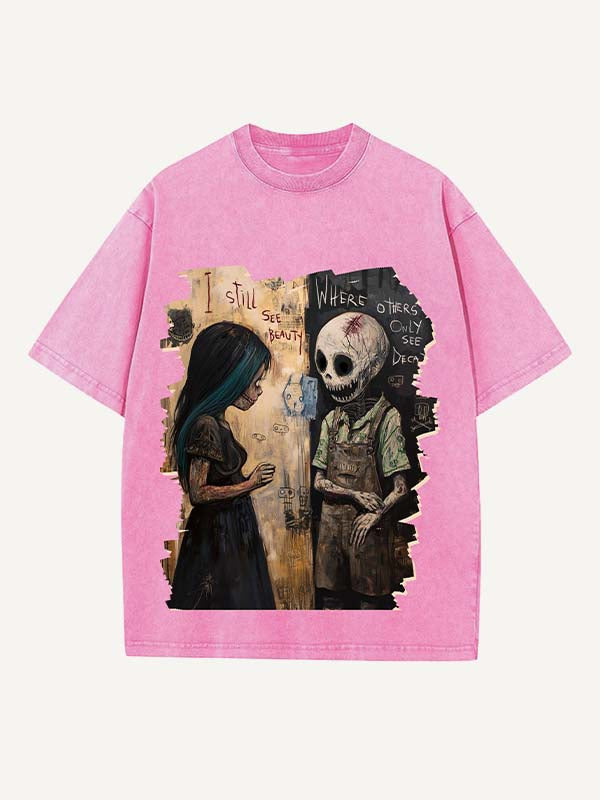 Distressed Washed Figure&Skeleton&Graphic&Letter Print Round Neck T-shirt