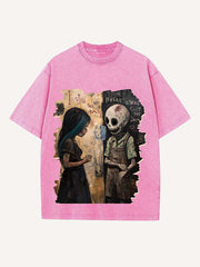 Distressed Washed Figure&Skeleton&Graphic&Letter Print Round Neck T-shirt