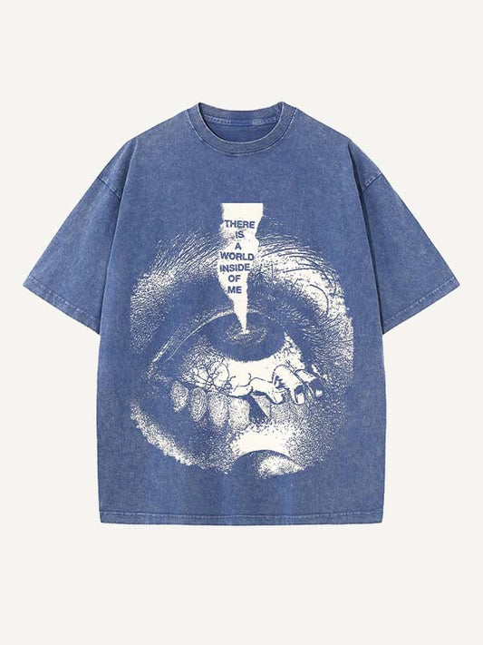 Distressed Washed Eye&Letter Print Round Neck T-shirt