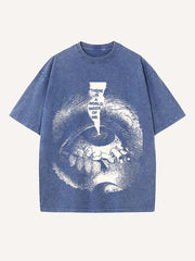 Distressed Washed Eye&Letter Print Round Neck T-shirt
