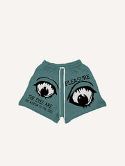 Eye&Letter Print Drawstring Waist Shorts