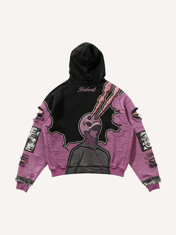 Embroidered textured hell-looking piercing eye trendy sweatshirt