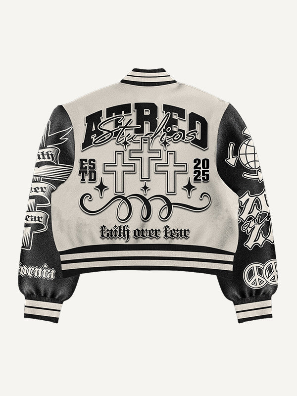 Lord Let Us Keep Peace patchwork print baseball jacket