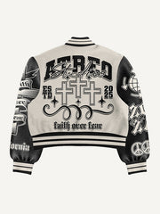 Lord Let Us Keep Peace patchwork print baseball jacket