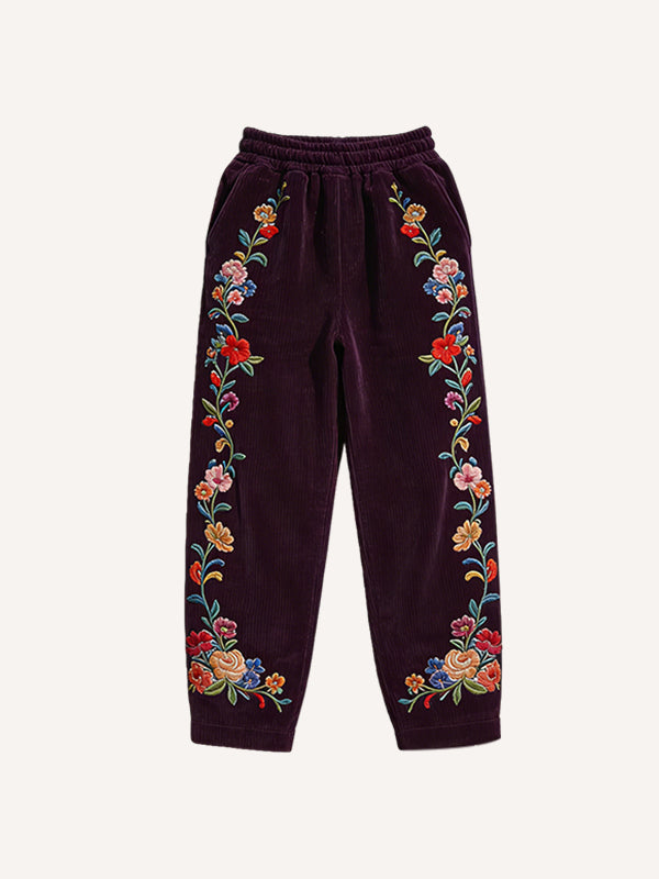 Floral Print High-Quality Corduroy Trousers