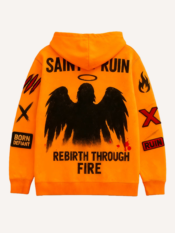New printed crew neck hooded sweatshirt that looks like a devil but is actually an angel