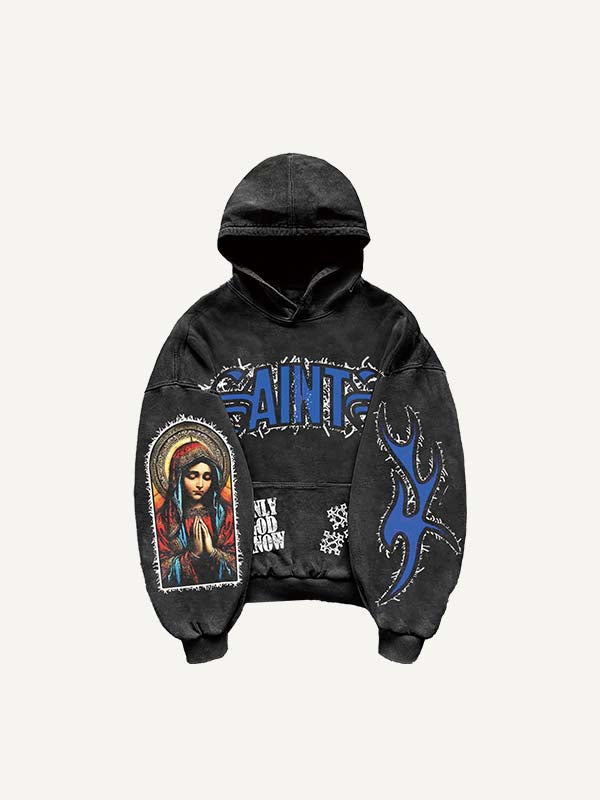 Figure Pray Letter Graphic Faux Decal Print Slant Pockets Hoodie