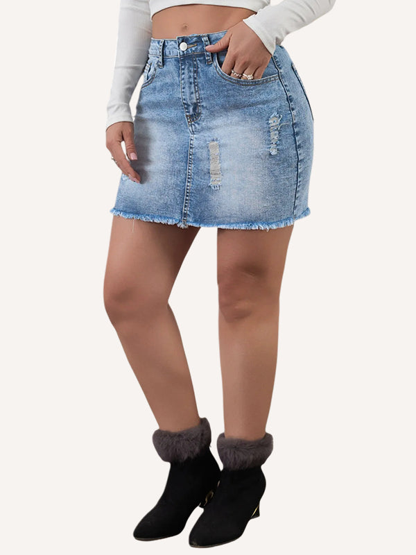 Washed Whisker Hip-Hugging Slim Fit Denim Skirt