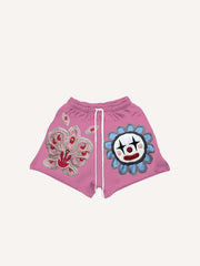 Joker&Floral Faux Decal Print Drawstring Waist Shorts