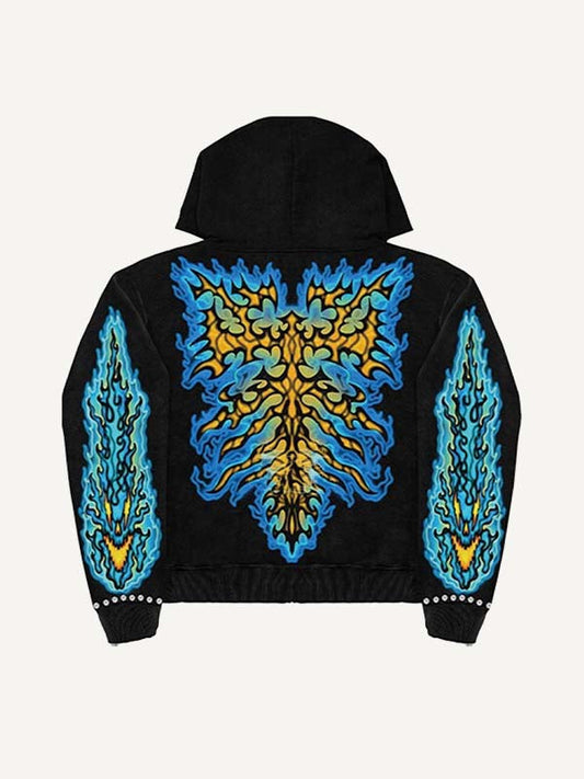 Skeleton&Fire Print Zip Up Hooded Coat
