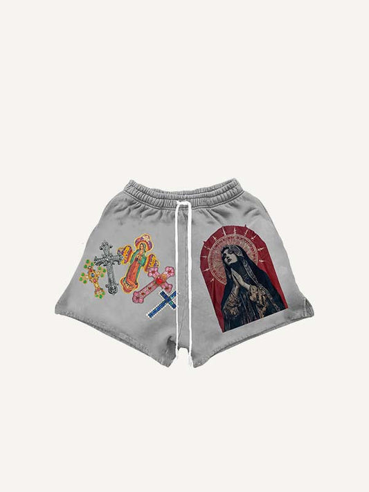 Mary Pray Cross Print Drawstring Waist Shorts