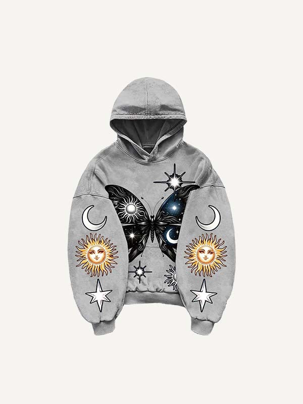 Butterfly Sun Moon Graphic Print Slant Pockets Hoodie