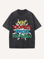 Distressed Washed Sun&Letter Print Round Neck T-shirt
